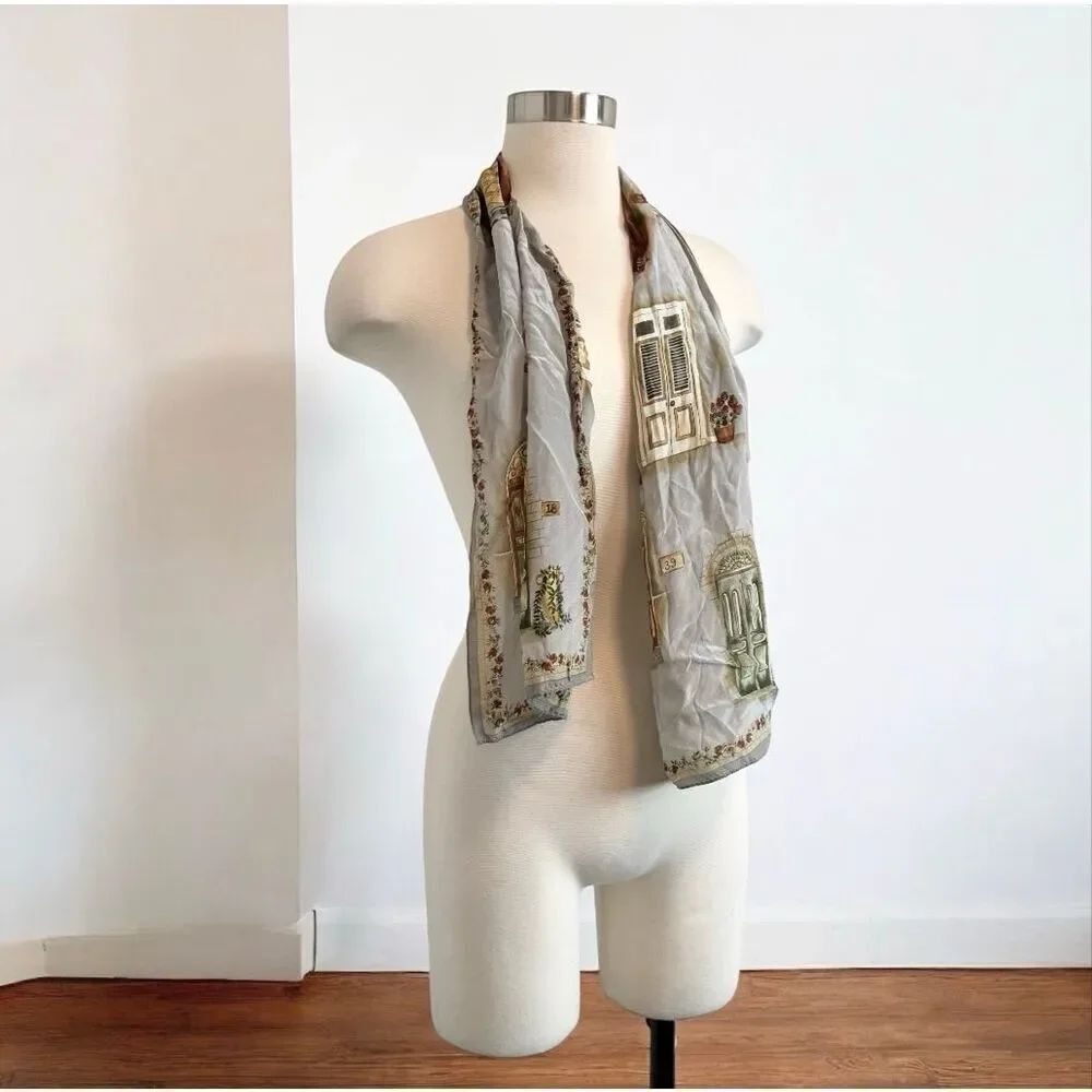 Printed Silk Blue Grey Door Novelty Cottage Wrap Scarf Floral London
